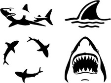 Decals 4 Pack: Detailed Shark, Sharks Circling, Shark Fin, Shark Surfacing Black