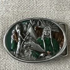 Vintage Bergamot Brass Works Belt Buckle Native Americans 1984 USA Enamel Pewter