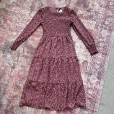 Maggeer Red White Floral Maxi Dress Crew Neck Long Sleeve Smocked Ruffle S