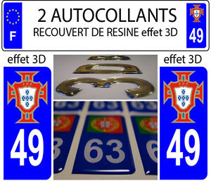 3 stickers plaque immatriculation auto DOMING 3D RESINE PORTUGAL FPF N° 08