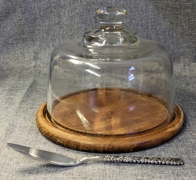 DOLPHIN Cheese Keeper Teakwood Base Cutting Board Glass Dome Lid Server 6x7''