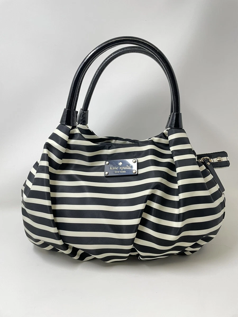Kate Spade Black White Striped Karen Pleated Nylon Satchel NEW