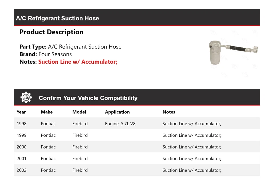 Manguera de succión de refrigerante aire acondicionado Pontiac Firebird 1998-2002 4 estaciones 1999 2000 Foto 2 de 4