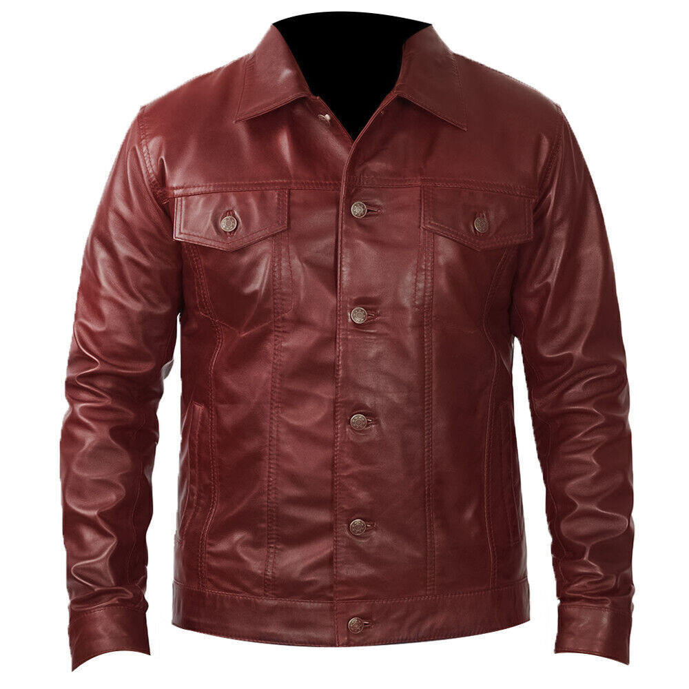 Mens Maroon Color 100% Soft Lambskin Genuine Leather Trucker