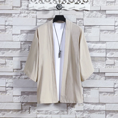 Men Casual Kimono Jacket Coat Tops 3/4 Sleeve Cotton Linen Japanese Cardigan Top - Bild 8 von 23