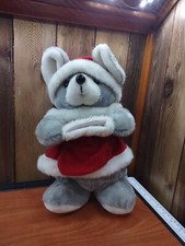 Vintage Gray Christmas Mouse Plush 14" Red Dress Cap Stocking