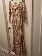 fashion nova rose gold sequin floor length , long sleeve formal dress WITHOUT TA
