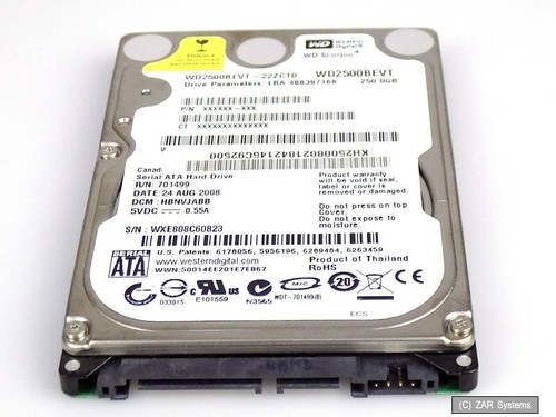 250GB Western Digital WD2500BEVT SATA HDD Festplatte 2.5 Zoll, BULK, 100% OK, 1A