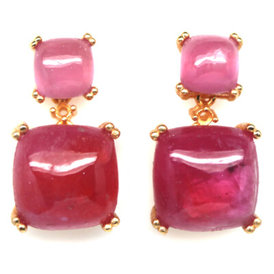 925 Sterling Silver 18K Gold Plated 11 x 11 mm. Pink Ruby Earrings Christmas