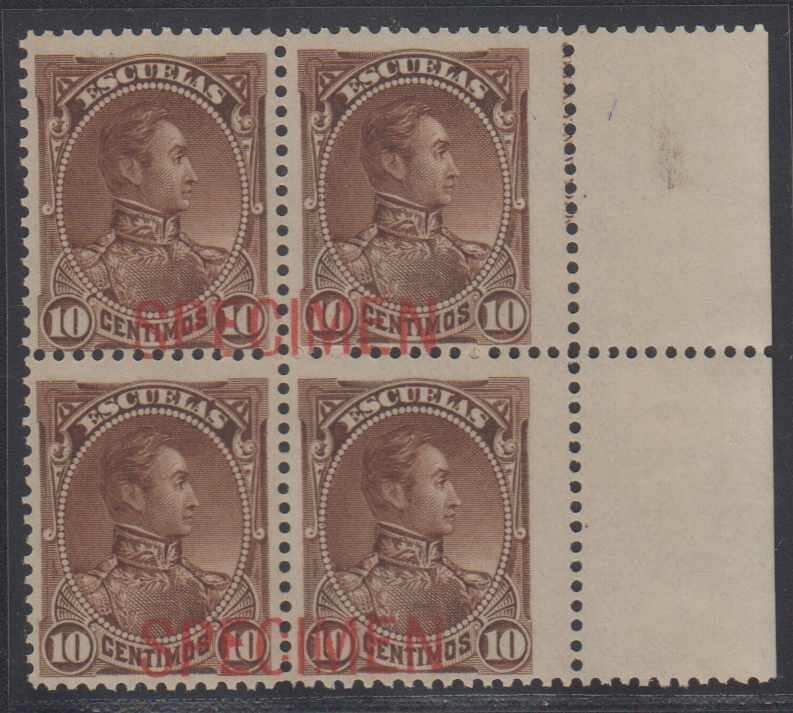 VENEZUELA 1882-88 ESCUELAS BOLIVAR Sc 80 MGNL BLOCKx4 PERF PROOF + "SPECIMEN" NH
