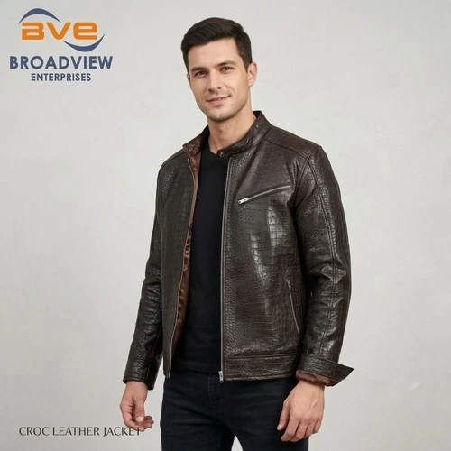 Mens Brown Crocodile Leather Jacket Alligator Print Moto Biker Cafe Racer Coat - product listing photo