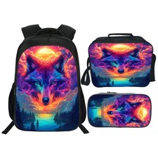 3 PCS Wolf Backpack Set Boys Girls Animal School Bag Lunch Box Pencil 16 Inch