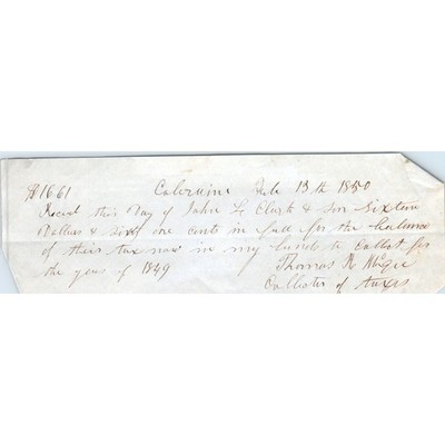 1850 Handwritten Receipt Colrain Massachusetts Tax Collector John Clark AE6-05
