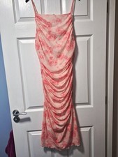Pink & White Floral Mesh Ruched Slip Midi Dress Square Neck Strappy Size L