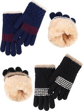 2 Pairs Kids Wool Fleece Lined Knit Gloves Winter Warm Mittens for 5-12 Ye