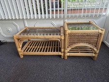 Set Of 2 Conservatory Occaisional Coffee Side Tables Rattan Wood Glass Shelves