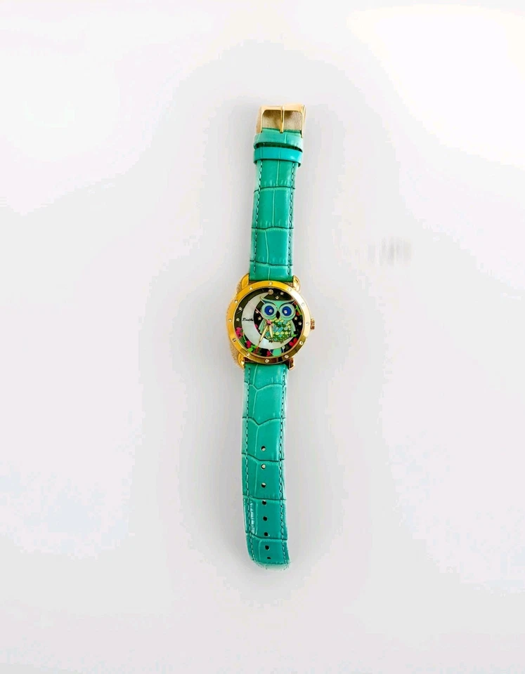 Reloj Bertha 38mm Esmalte Búho MOP Luna Estrellas Cristales Lujo Firmado Tono Dorado Foto 2 de 4