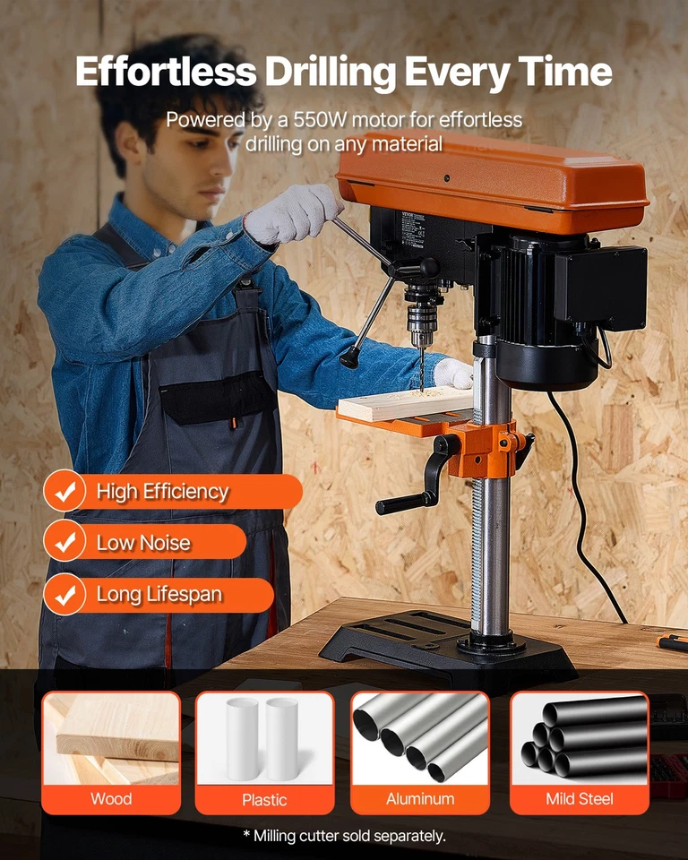 VEVOR Perceuse à Colonne d'Établi 254 mm 550 W 550-2500 tr/min Table Inclinable - Photo 2/4