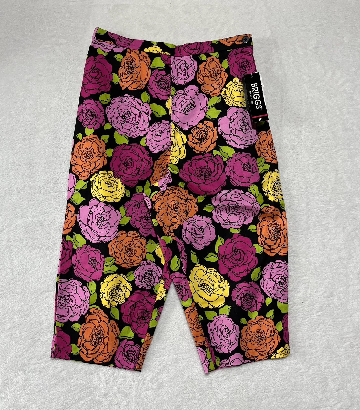 Briggs Pants Womens 10 Black Floral Capri Length Comfort Waist Stretch New Tags