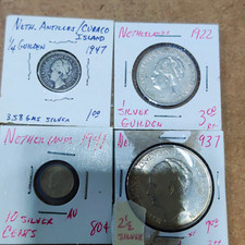 Netherlands & Netherlands Antilles Coins – 4 Coin Lot, Silver Guilden