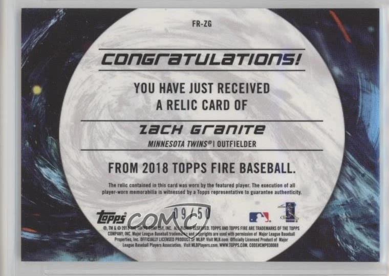 2018 Topps Fire Relics Purple /50 Zack Granite #FR-ZG Rookie RC - Image 2 of 2