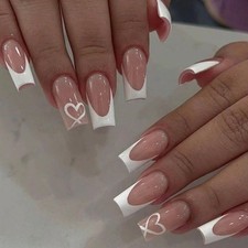 White French Tip Press on Nails Coffin Medium With Heart Design Glue on Glossy F