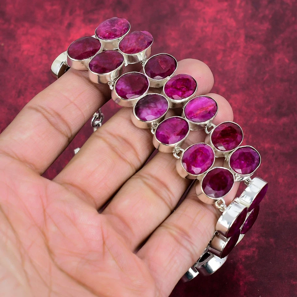 Red Ruby Lab-Created Gemstone 925 Sterling Silver Jewelry Bracelet Birthday Gift - Image 4 of 4