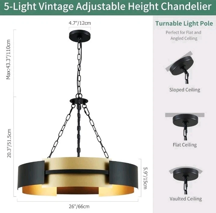26-Inch Modern Chandelier Industrial Black and Gold Light Fixture Large Drum - Image 3 of 4