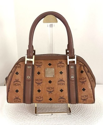 Authentic MCM Cognac Visetos Monogram Alma Style Satchel Top Handled Bag
