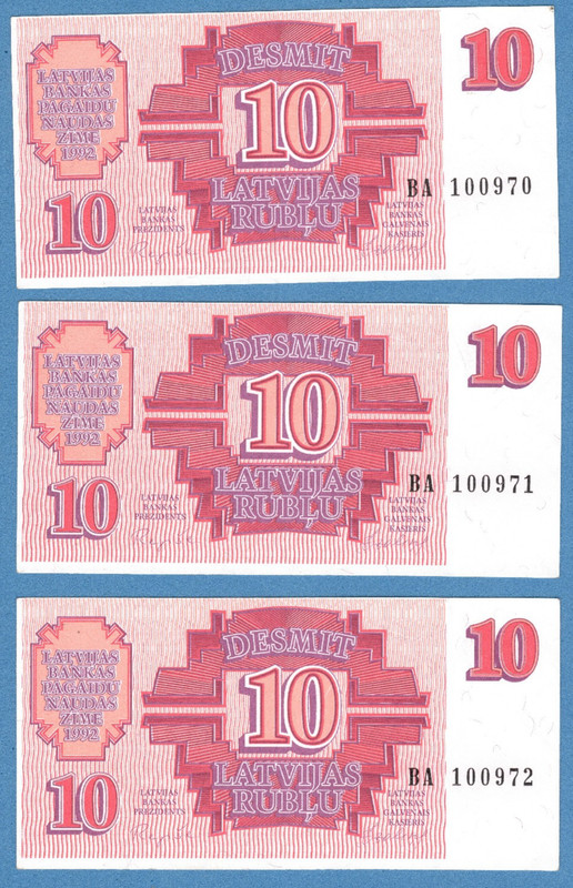 1992 LATVIA Three Consecutive Numbers 10 RUBLU P. # 38 UNC 3955