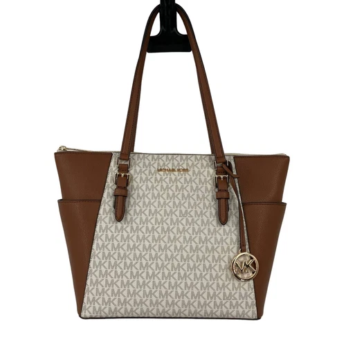 Borsa Michael Kors panna marrone vaniglia oro monogramma Charlotte grande TZ tote bag