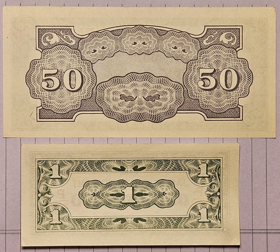 Lote de 2 piezas, Segunda Guerra Mundial 1942 Ocupación del gobierno japonés 1 y 50 centavos Filipinas Foto 2 de 2