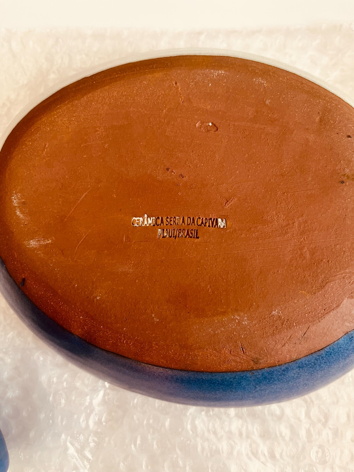 Brazilian Indigenous Design Blue and White Pottery Serving Dish & 4