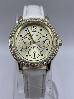 L&Co. Women's Quartz Watch Gold Case White Band- New Battery