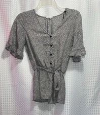 Sienna Sky Blouse White Black Button V-Neck Peplum Top Small