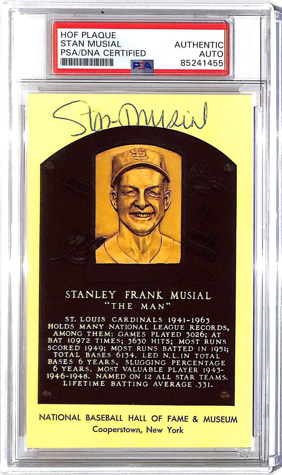 Stan Musial Autographed Yellow HOF Plaque Cardinals PSA/DNA *1455
