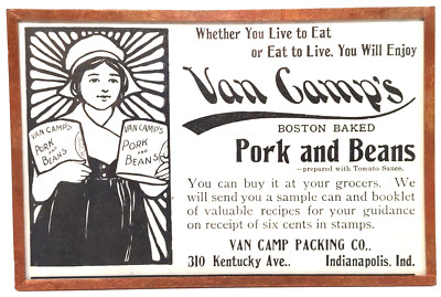 VAN CAMP'S 1901 Copper 6'' Framed Pork & Beans Original Newspaper Antique Ad USA 