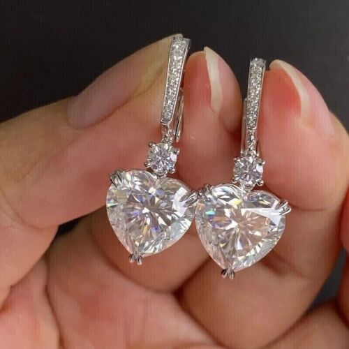 14K White Gold Plated Heart Simulated Diamond Women's Drop Dangle Hook Earring - Picture 1 of 4