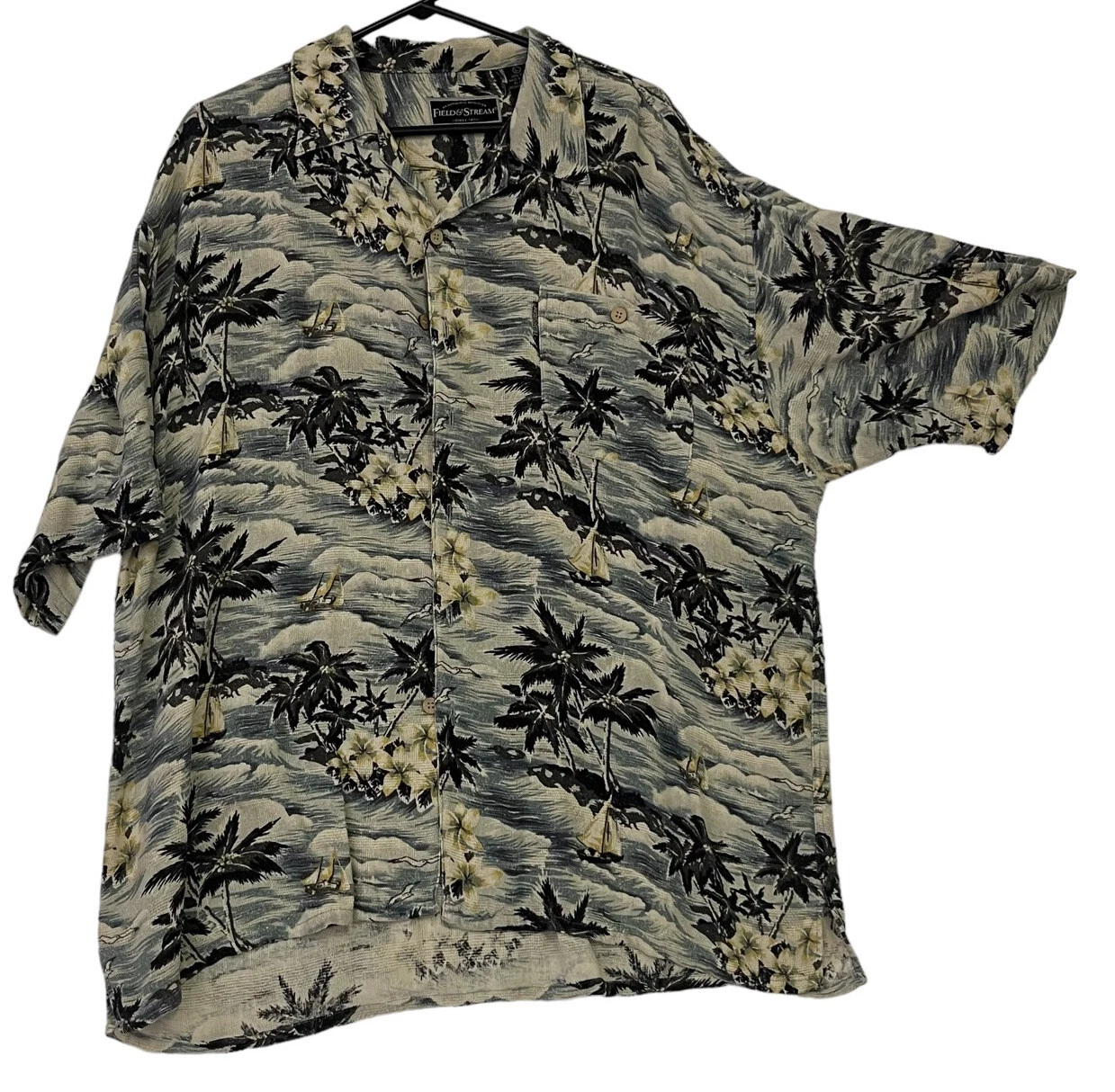 Field & Stream Shirt Men's Large Hawaiian Floral 100% Silk Button Up Pocket L
