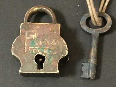 OLD VINTAGE HANDMADE UNIQUE SHAPE PARIS MARK BRASS PADLOCK WITH KEY RICH PATINA