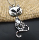 Fashion Gray Clear Crystal Cute Cat Pendant Sweater Necklace