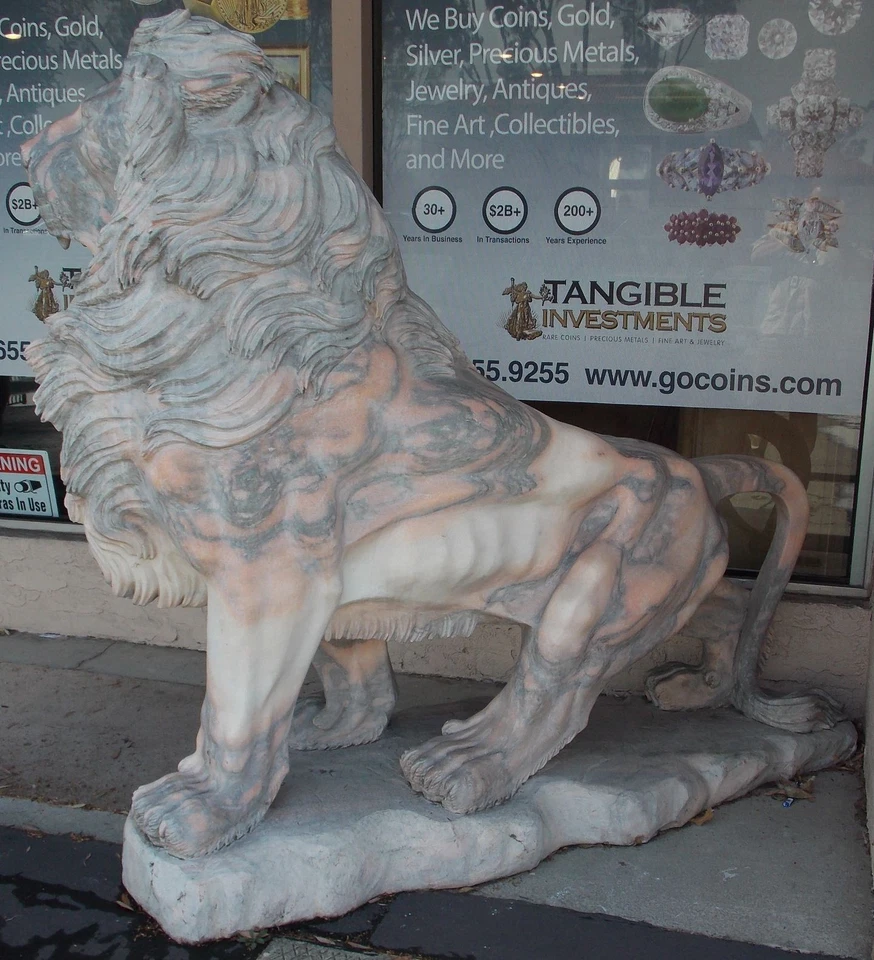 Pair of Marble Hand Carved Lion Statues Genuine Chinese Pink and Grey Marble - Image 2 of 4