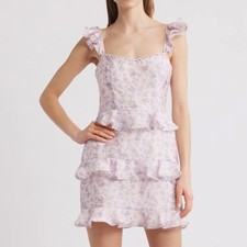 Lulus Bianca Ruffle Strap Lavender Purple Floral Jacquard Minidress Small