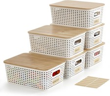Small Plastic Storage Bins with Bamboo Lids 5.2qt Stackable Box Basket Pantry