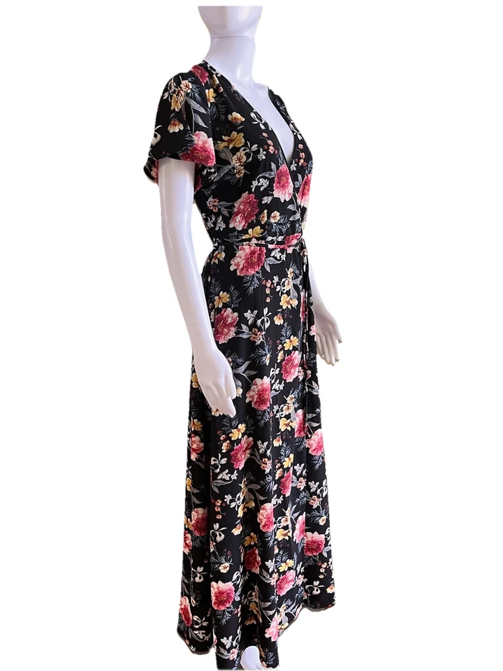 Maxi Vestido Floral Cuello en V Colección NY Talla M (US 6-8) Negro Multicolor Envolvente Nuevo con Etiquetas Foto 2 de 4