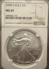 2008 $1 American Silver Eagle NGC MS69 Brown Label