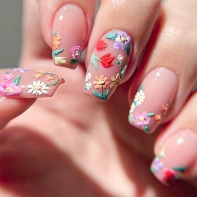 24Pcs Flower Fake Nail Glossy Press on Nail False Nail Tips Artificial Nail