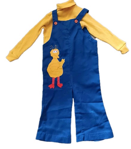Sesame Street Vtg 70s Big Bird Overalls Coverallls & Roll Neck Shirt Sz 2T READ