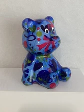 Pomme-Pidou Ceramic Blue Hearts Bow Teddy Bear Piggy Bank Collectible Kids Room