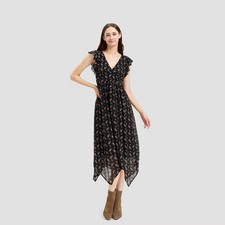 Women's Flutter Cap Sleeve Midi A-Line Dress - Universal Thread Black Floral